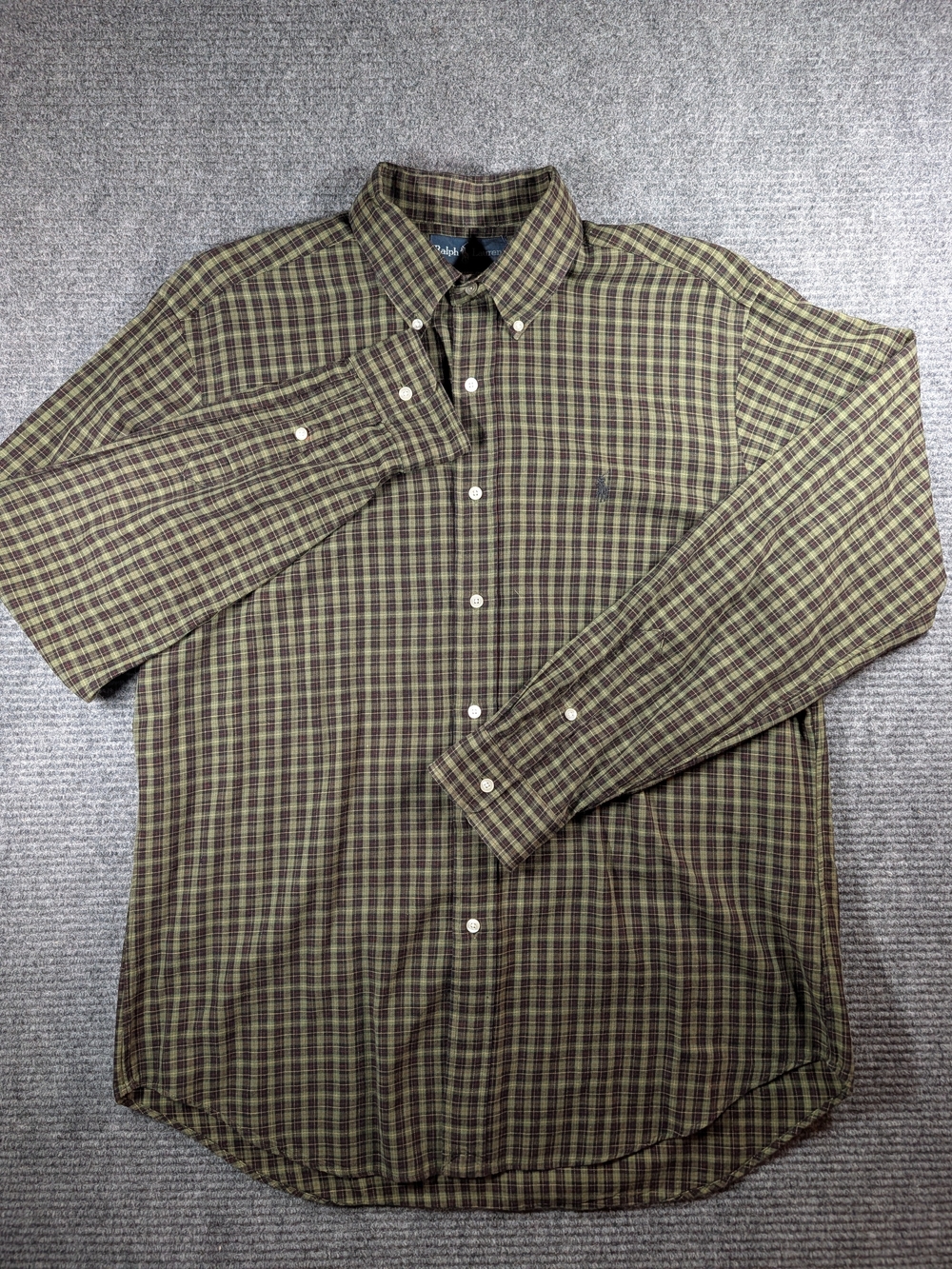 VTG Ralph Lauren Classic Fit Men's L Green Brown Plaid Long Sleeve Button Up